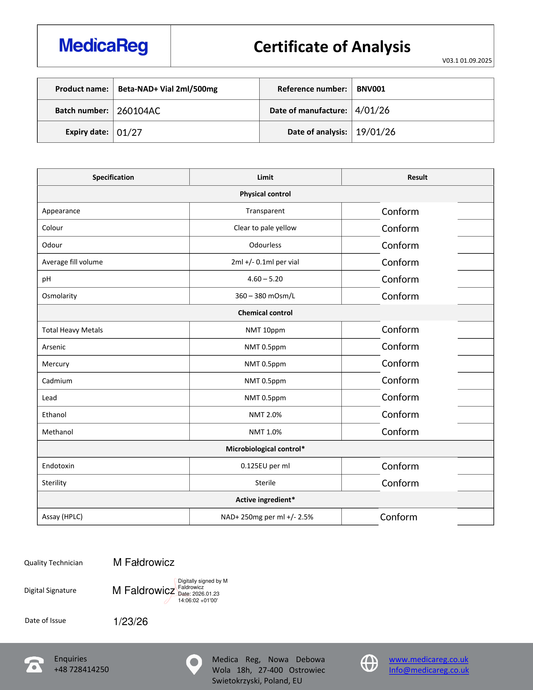 Certificate of Analysis - NAD+ 500mg/2ml IV Vial (BNV001)
